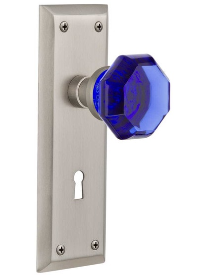 New York Door Set with Keyhole and Colored Waldorf Crystal Glass Knobs Cobalt Blue in Satin Nickel.